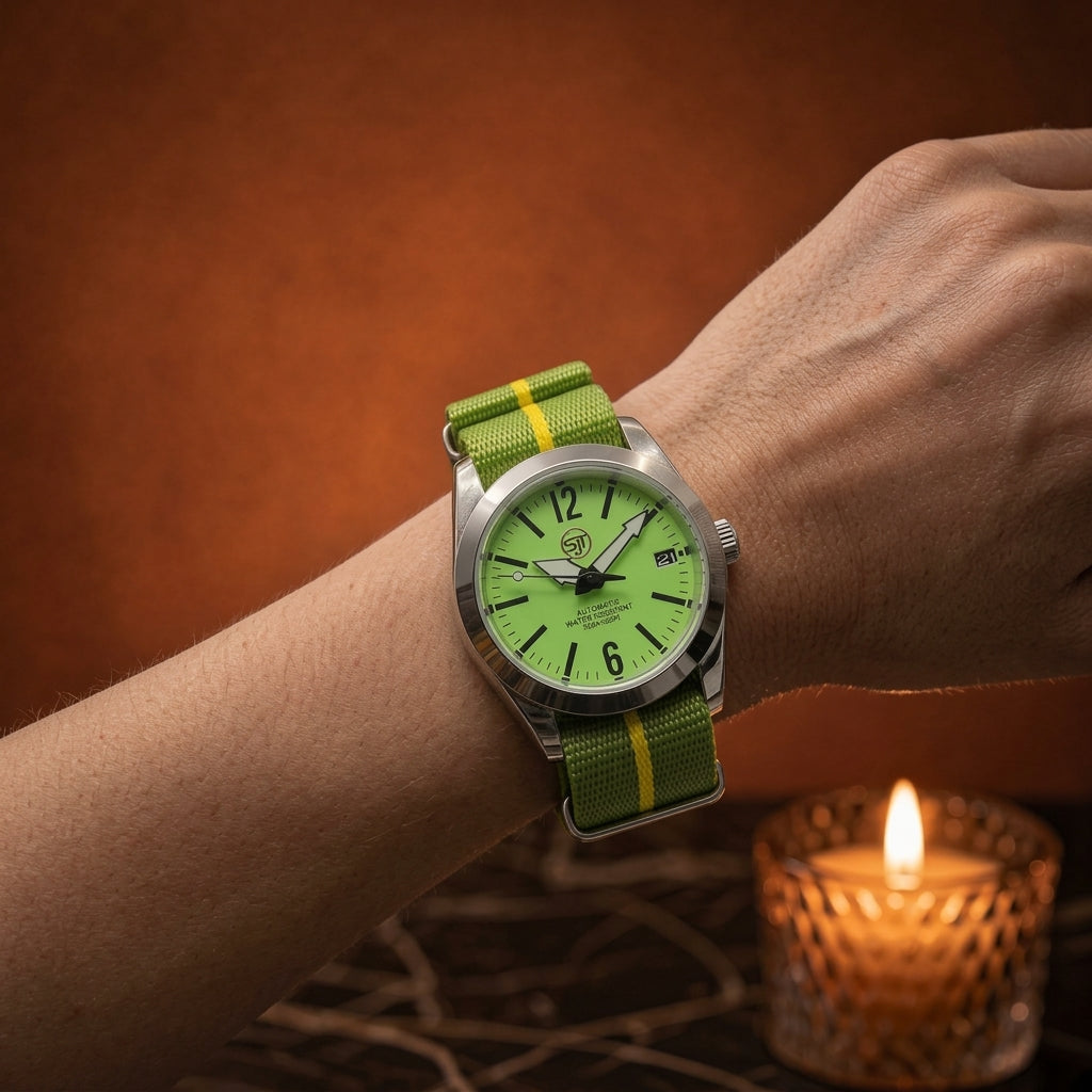 A wristwatch with a rose gold-toned case, cream dial, and dark brown leather strap worn on a person's wrist. The background is a dark marble surface with a blurred lit candle, and the word AFTER appears in the lower text area.