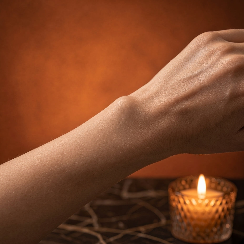 A close-up of a person's forearm and hand against a warm brown background, with a lit candle in the foreground and the word 'BEFORE' at the bottom.