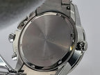 Close-up of the back of a stainless steel Seiko Flightmaster wristwatch showing the brushed metal case back with the Beiko logo engraved in the center.