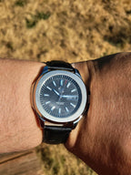 The Alias SJT Original wristwatch with a silver-toned case, blue dial, and black leather strap worn on a person's wrist, photographed outdoors with dry grass in the background.