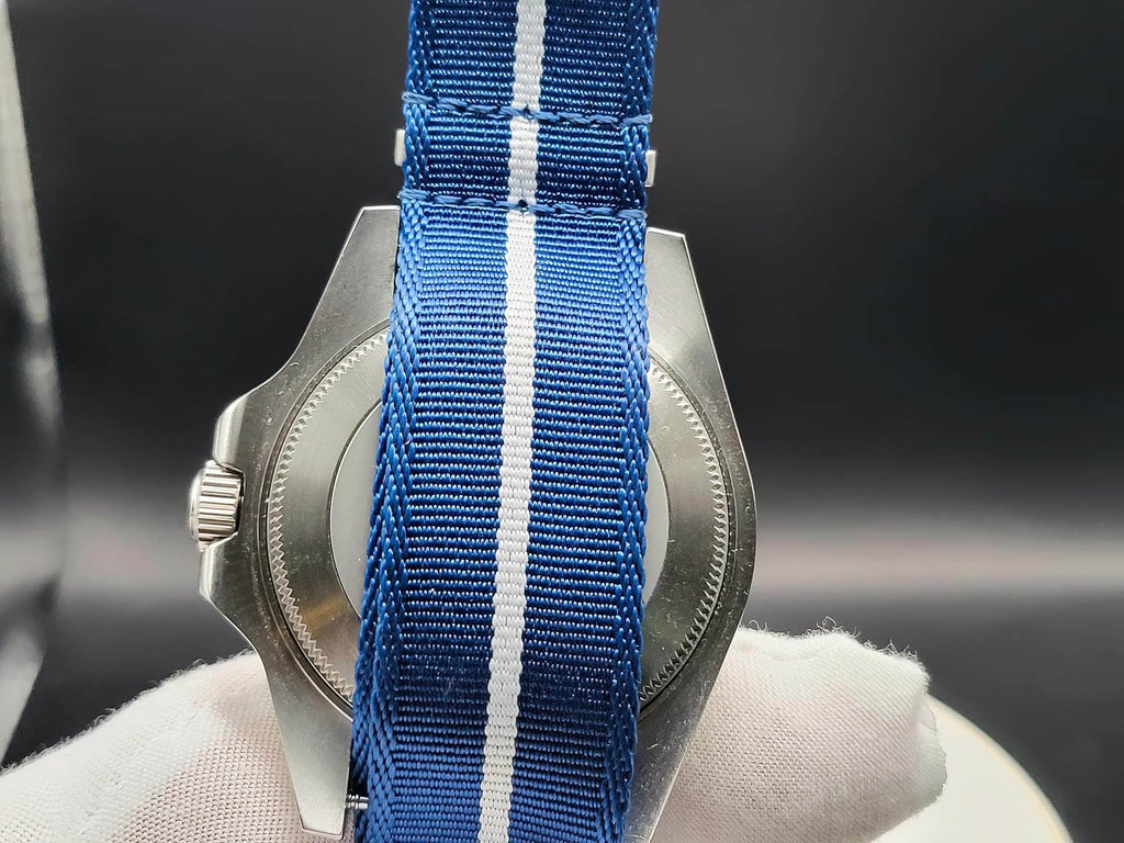 Stainless steel back and blue and shite stripe wristwatch for SJT Original The Bigger Boat