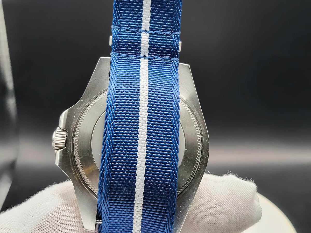 Stainless steel back and blue and shite stripe wristwatch for SJT Original The Bigger Boat