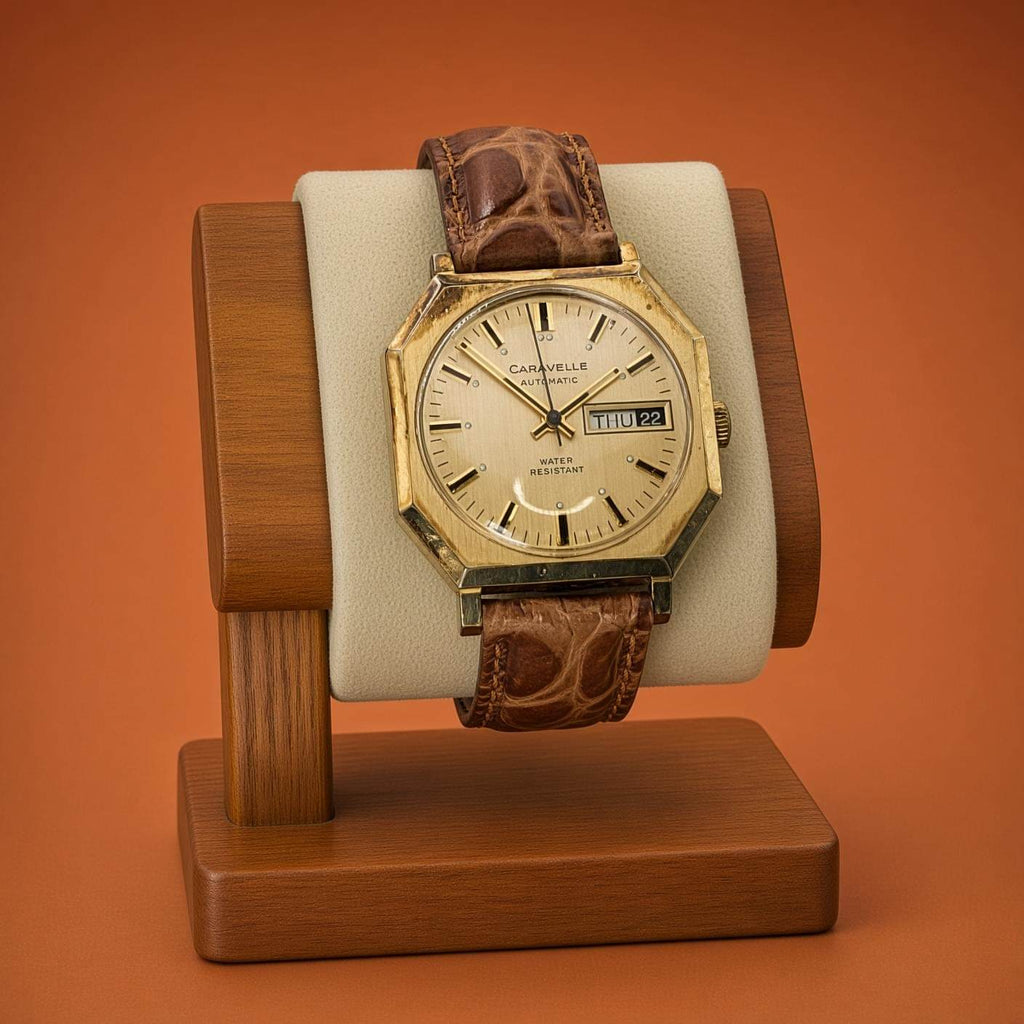 A vintage Caravelle Day-Date watch with a gold-toned octagonal case, cream dial, and brown leather strap, displayed on a wooden stand against a solid orange background.