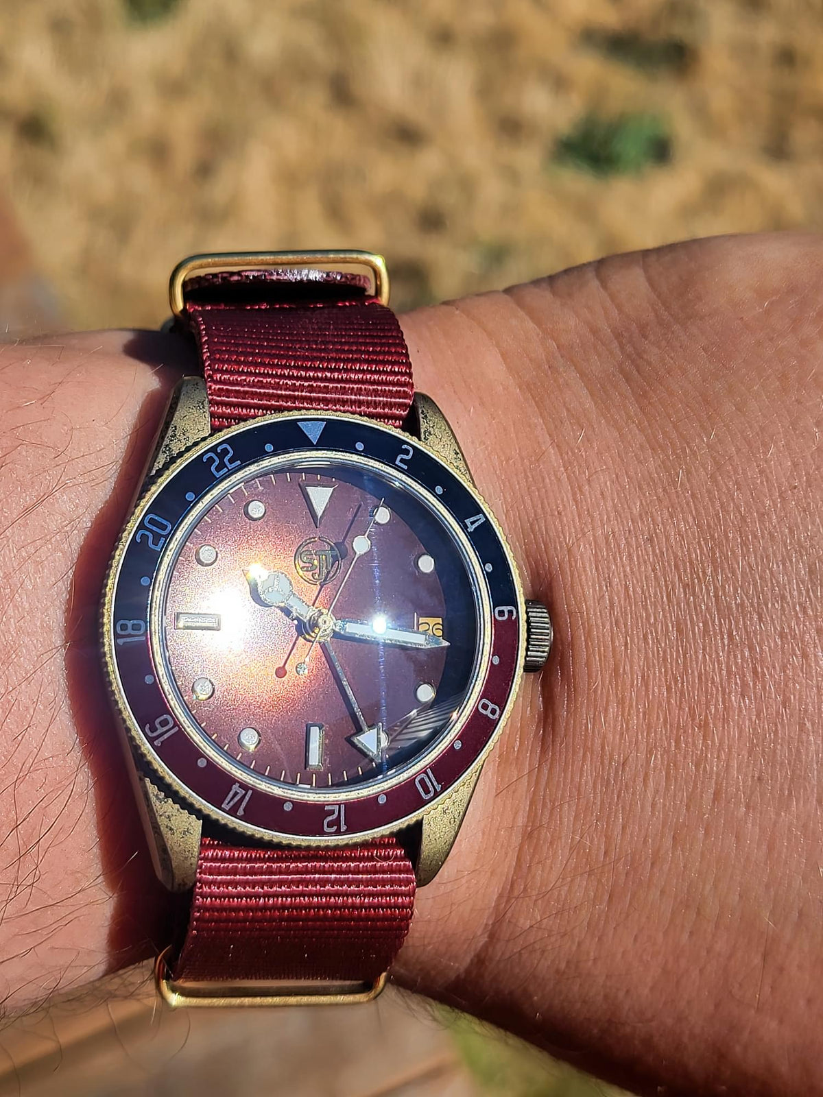 The Vintner SJT Original wristwatch with a bronze-toned case, a dark blue and red bezel, and a burgundy fabric strap, shown worn on a person's wrist outdoors.