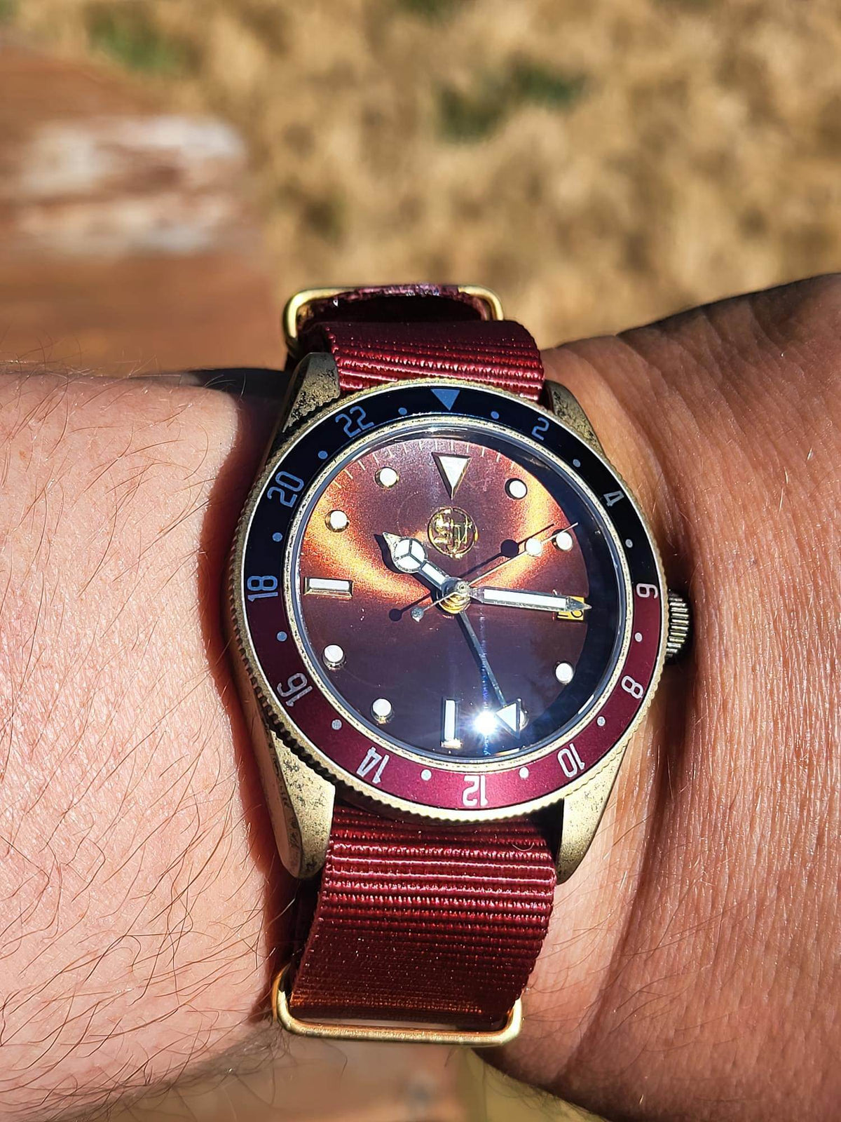 The Vintner SJT Original wristwatch with a dark red dial, a black and red bezel, and a dark red fabric strap, shown worn on a person's wrist against a blurred outdoor background.