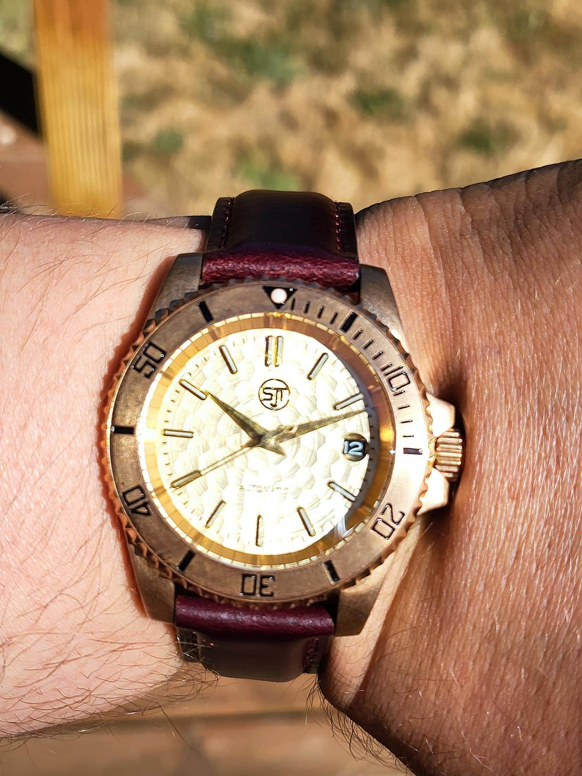 A close-up of a wrist wearing The Midas SJT Original wristwatch with a bronze-toned case, cream textured dial, and dark burgundy leather strap, set against an outdoor blurred background.