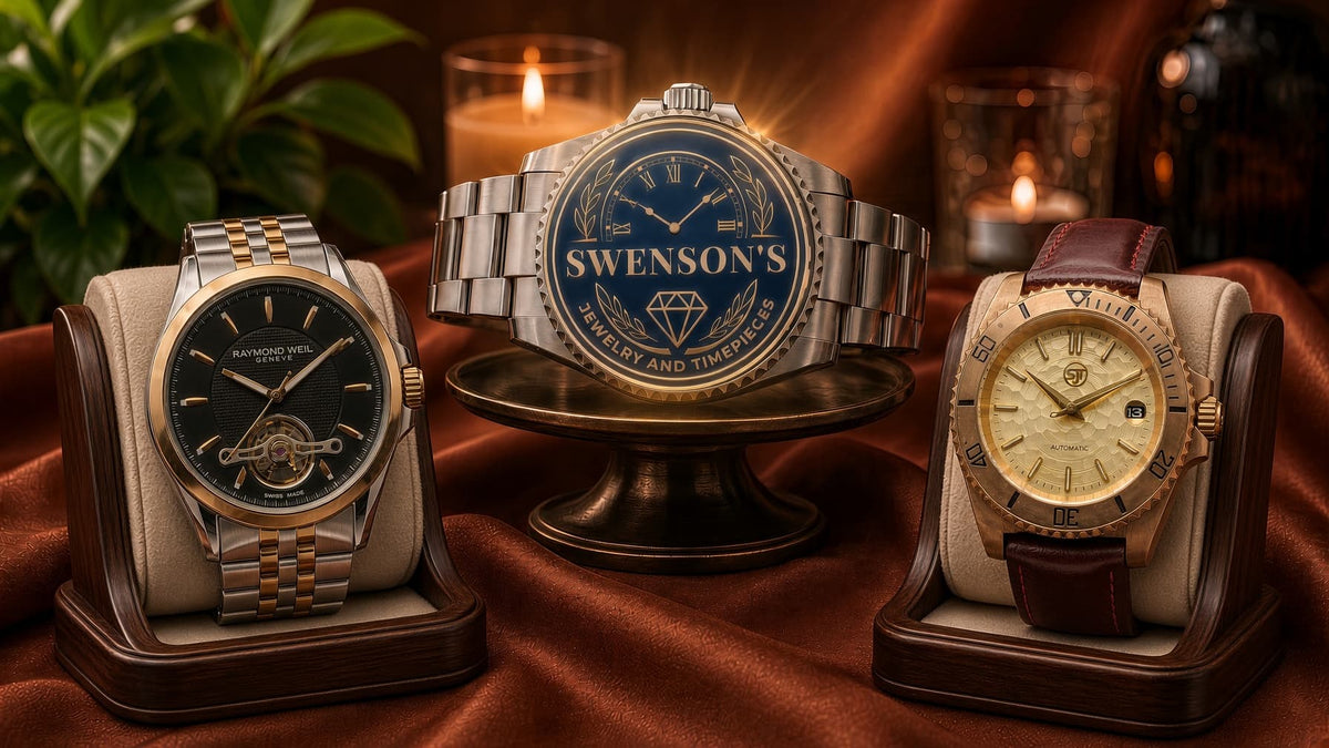 Three luxury wristwatches displayed on velvet watch stands against a warm brown draped fabric background with lit candles. The center watch is a silver-toned Swenson's watch with a blue dial and pedestal display.