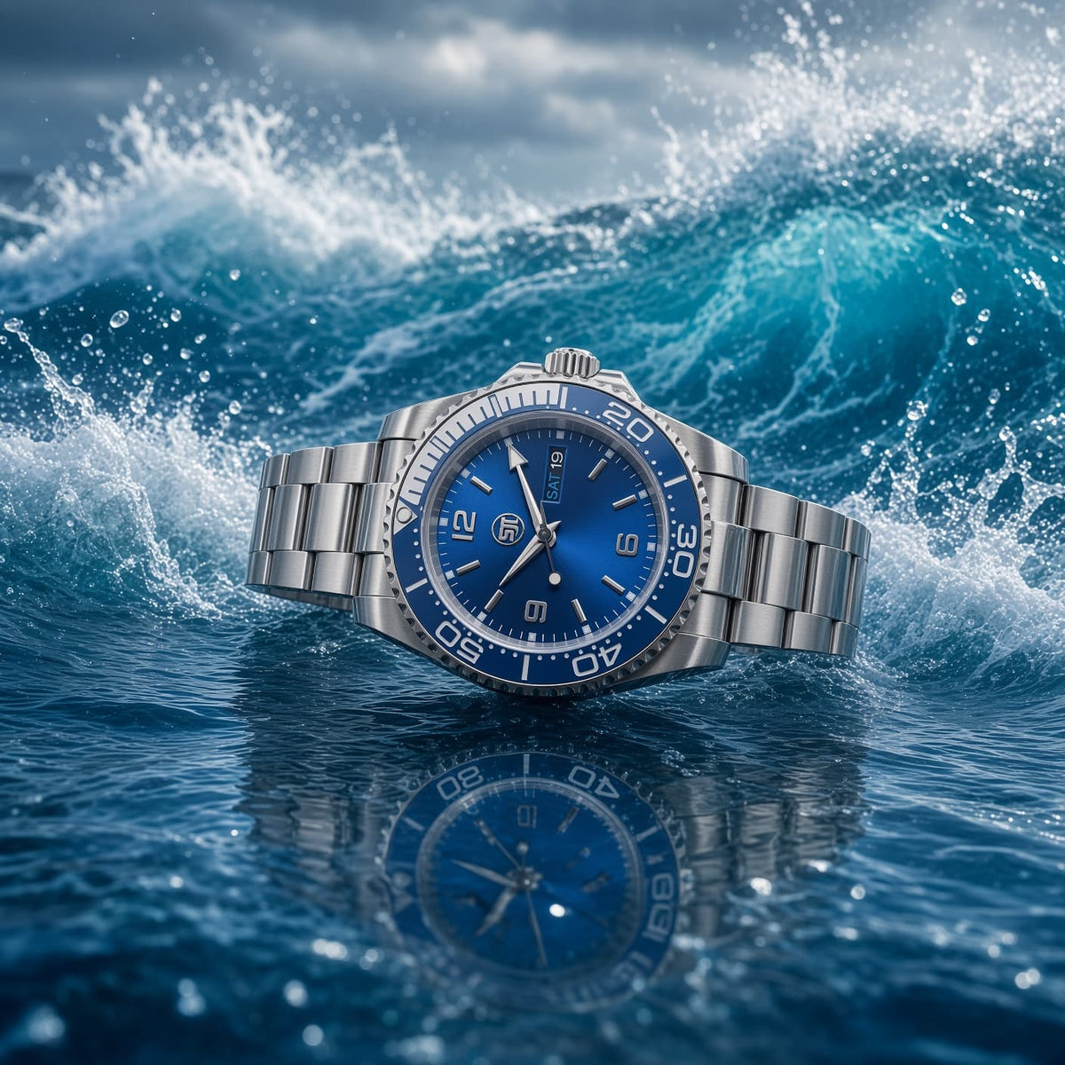 A stainless steel wristwatch with a vibrant blue dial and bezel, resting on the surface of a powerful ocean wave with its reflection visible in the water below.
